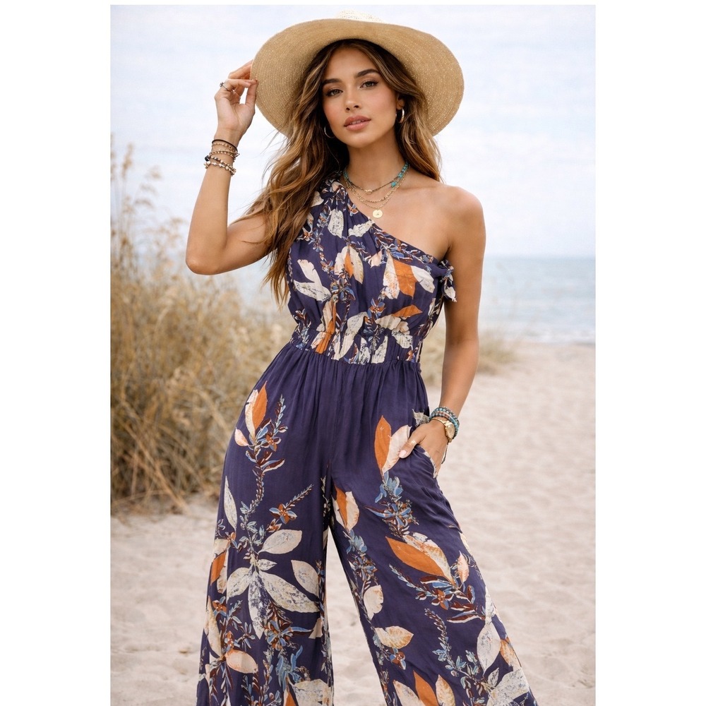 Free People One Shoulder Floral Wide Leg Jumpsuit Navy Blue Orange Smocked Waist